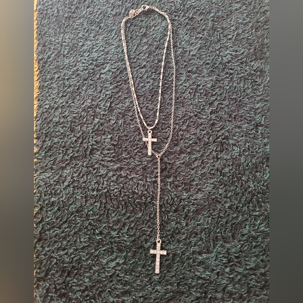 Double Cross Sterling Silver Drop Necklace